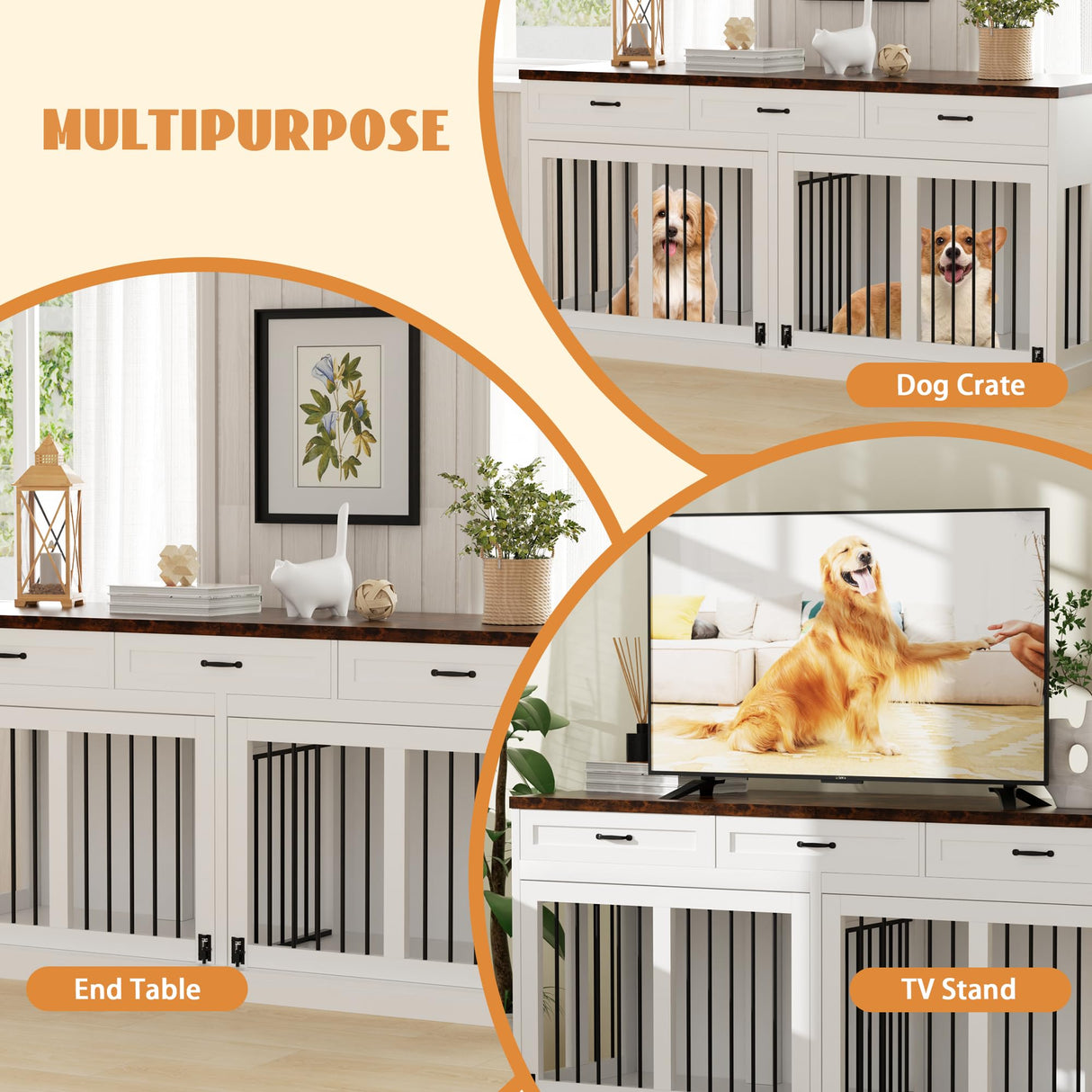 71 inches Extra Large Dog Crate Furniture for 2 Dogs Indoor Wooden Dog Kennel Furniture Large Breed Heavy Duty Dog Crates TV Stand with Removable Divider White NEBZHASK