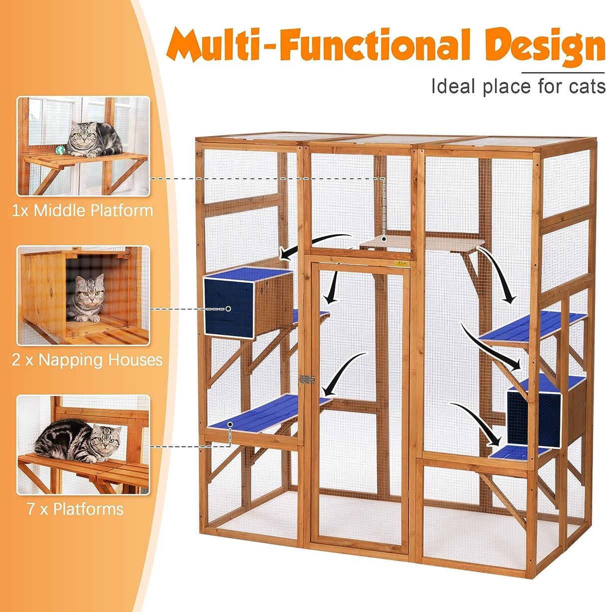 COZIWOW Large Wooden Cat Cage with Perches and Condos, Play & Run Enclosures Indoor Kitty Window Kennel with Waterproof Roof, 7 Platforms & 2 Resting Box, UV Resistant, 62.4"L x 32.4"W x 70"H, Orange COZIWOW