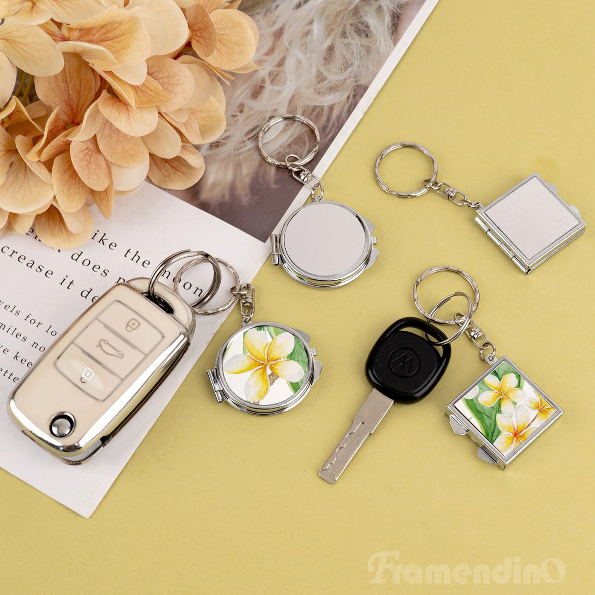 Framendino, 6 Pack Sublimation Compact Mirror Blanks Pocket Folding Mirror Keychain Double Sided for Purse Square Round Framendino