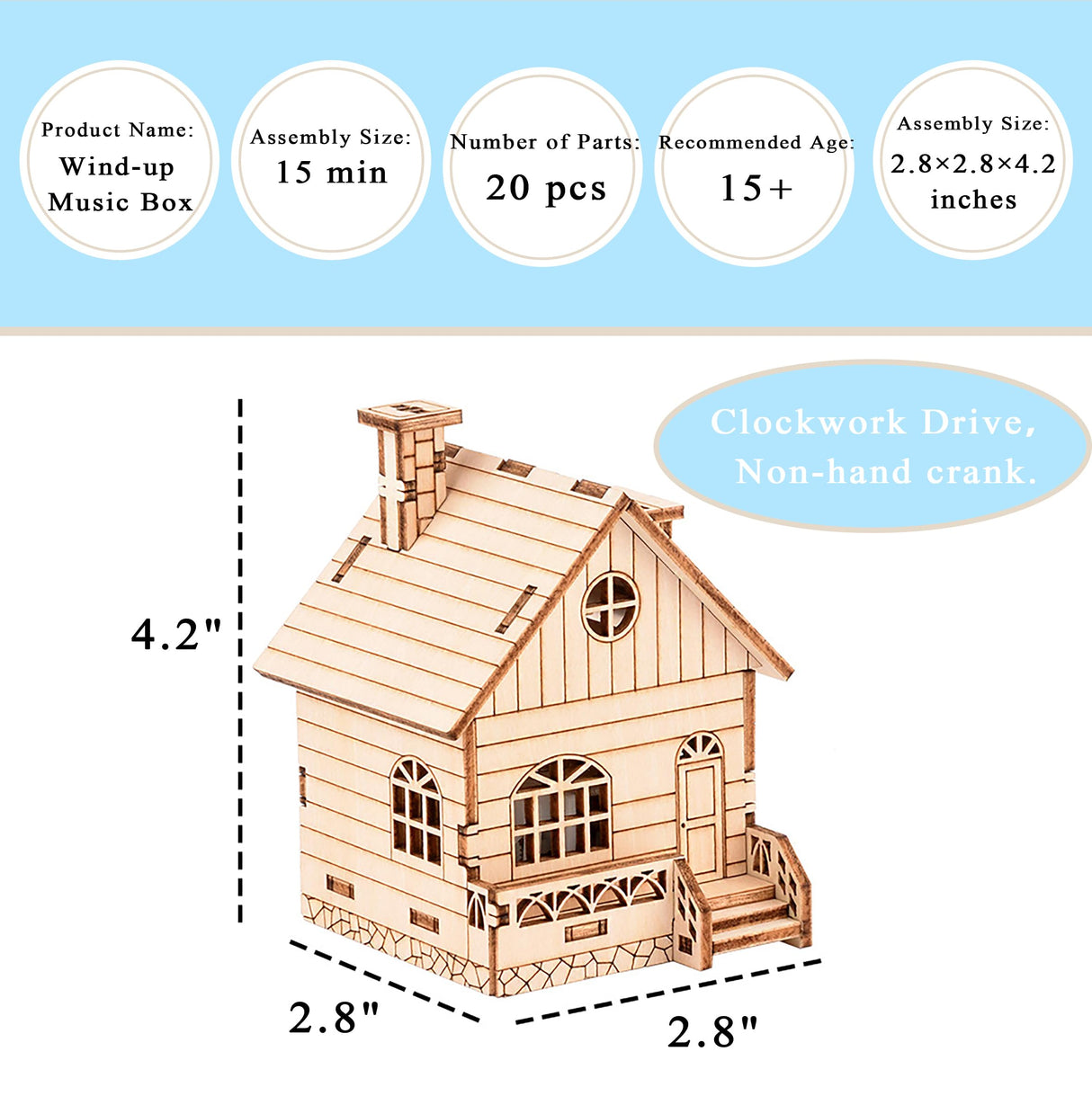 MPIUET 3D Wooden Wind-up Music Box Puzzles, Clockwork Musical Mechanism Movement Little House, 3D Jigsaw Teaser Puzzles, Log Cabin DIY Wood Model Kits for Adults MPIUET