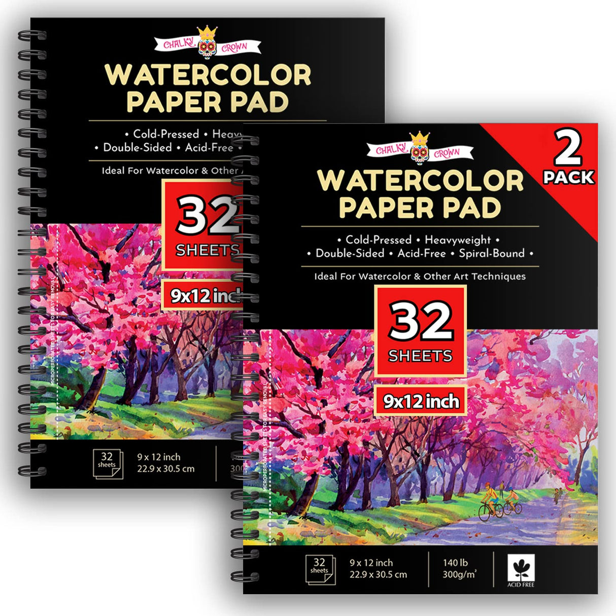 CHALKY CROWN - Watercolor Paper Pad - Water Color Paper Sketch Book - Large Paper for Artists, White - Pack of 2 (64 Sheets) CHALKY CROWN