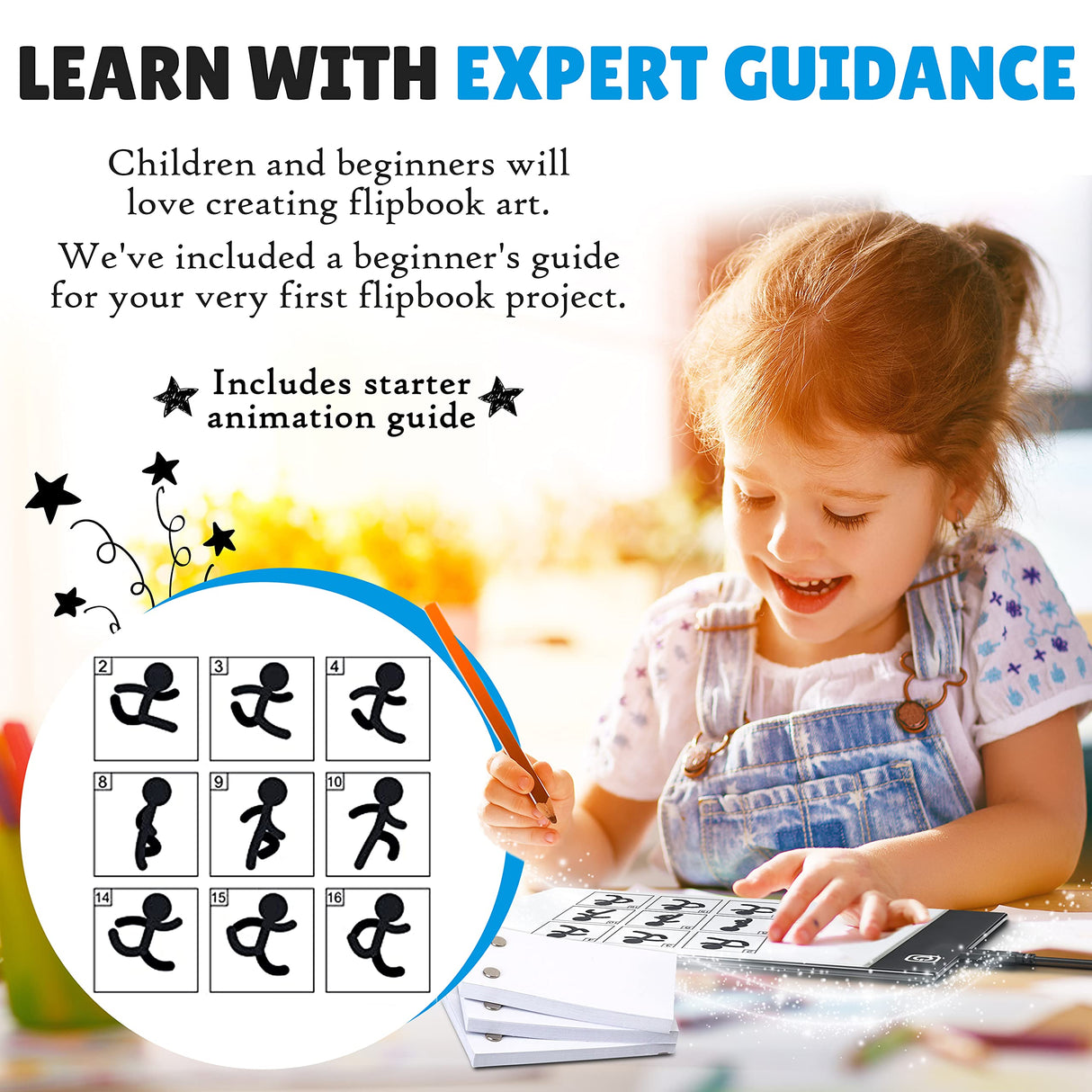 Molcey Flip Book Kit with LED Light Pad. Includes Flipbook Kit Starter Animation, 240 Sheets Blank Animation Paper and Instructions for Making Flip Books, LED Light Pad. for Kids 9-12 6-8 Molcey