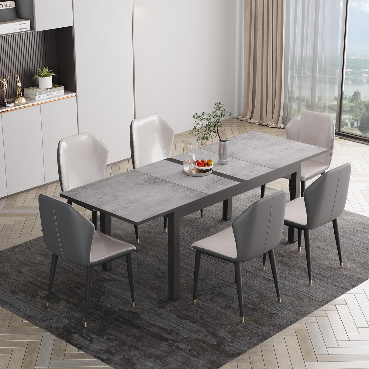 May in Color 92” Dining Room Table for 4-10 People, Large Extendable Dining Table, Rectangular Aluminum Kitchen Table for Living Room, Office Area, Grey May in Color