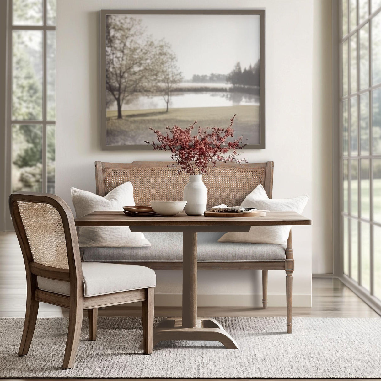 Madison Park Willshire Natural Rattan Settee, Upholstered Seat - Charming Country Design, Rustic Reclaimed Wood Finish, Ratan Insert Backrest & Padded Arm Rest, 47.25" Wide Beige/Reclaimed Natural Madison Park