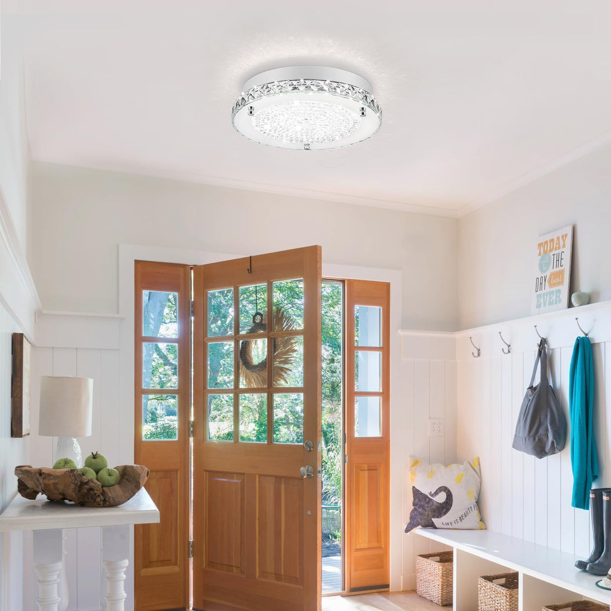 Lzawvm Crystal Ceiling Light Fixture, Flush Mount Bedroom Bathroom Hallway Light, 4000K LED Dimmable, 18W Lzawvm