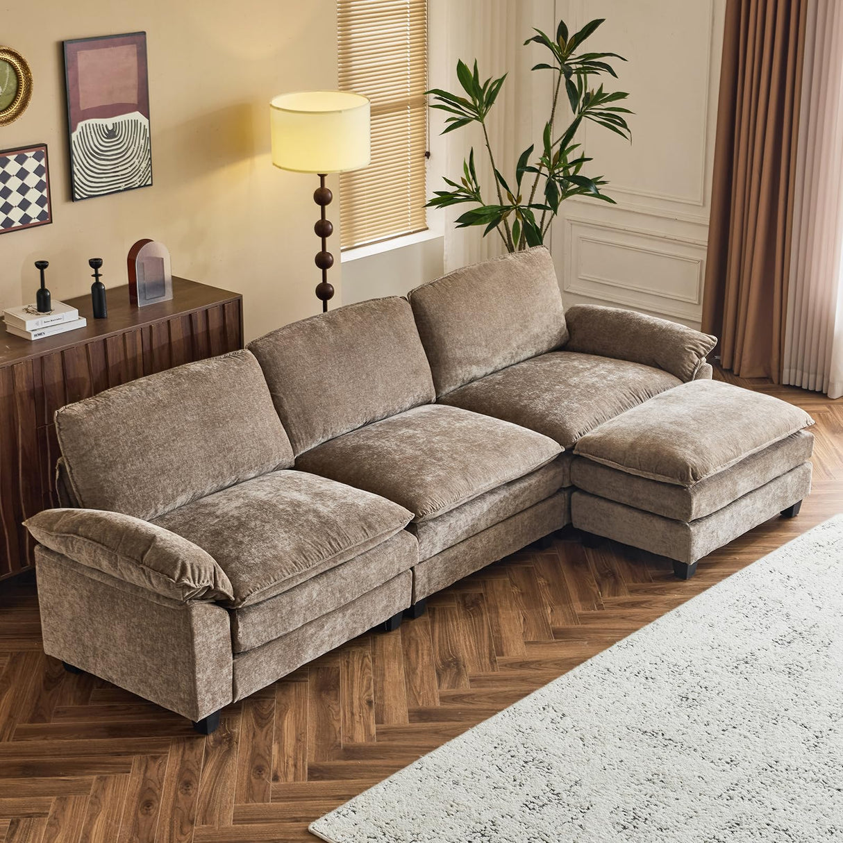 Karl home Chenille Modular Sectional Sofa 3 Seats with 1 Ottomans Sofa Couch L-Shaped Design, Comfy Upholstered Furniture for Living Room, Apartment, Studio, Office, Light Brown Karl home