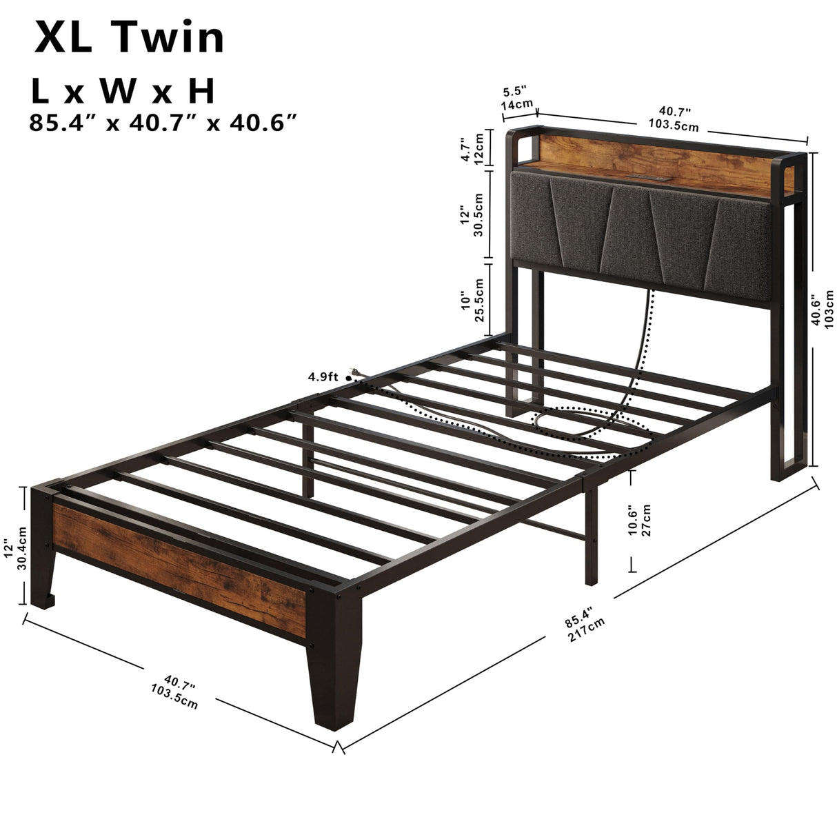 LIKIMIO Twin XL Bed Frames, Storage Headboard with Charging Station, Solid and Stable, Noise Free, No Box Spring Needed, Easy Assembly LIKIMIO