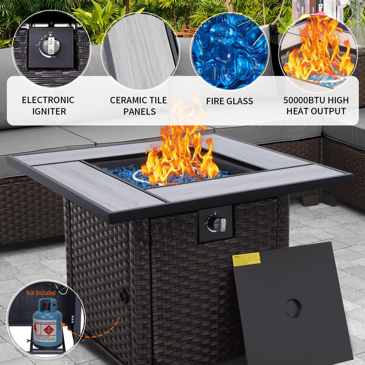 WAROOM 5 Pieces Patio Furniture Set PE Wicker Outdoor Brown Rattan Sectional Sofa Loveseat Couch Conversation Chair with Storage Bin Coffee Table and Propane Fire Pit, Anti-Slip Grey Cushion WAROOM