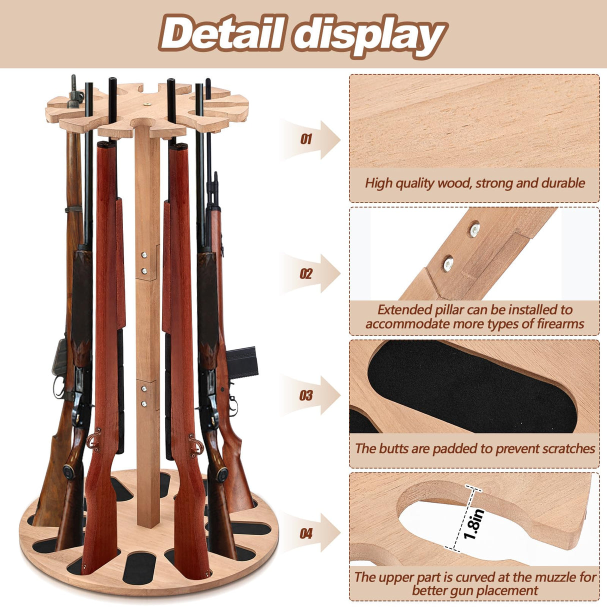 RattanView Wooden Gun Rack Holds 12 Guns Display Storage Holder Indoor Vertical Gun Stand with Soft Padding 2 Adjustable Heights for Living Room Collection Room Warehouse RattanView