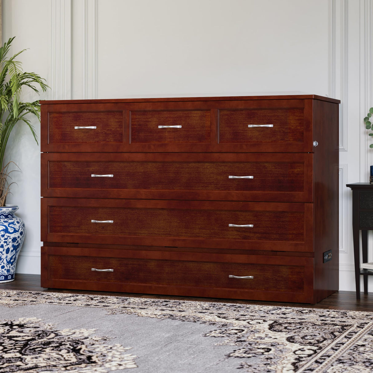 AFI, Northfield Murphy Bed Chest Queen with 6" Mattress, Storage Drawer & Built-in USB Charger, Walnut AFI