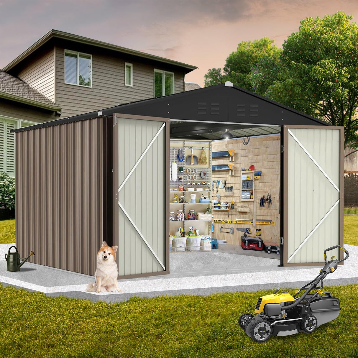 GarveeLife 7.5 x 8.5 ft Outdoor Storage Shed with Updated Frame Structure & Lockable Door, Waterproof Practical Garden Patio Lawn Poolside Metal Tool Shed Designed for Organization & Storage, Brown GarveeLife