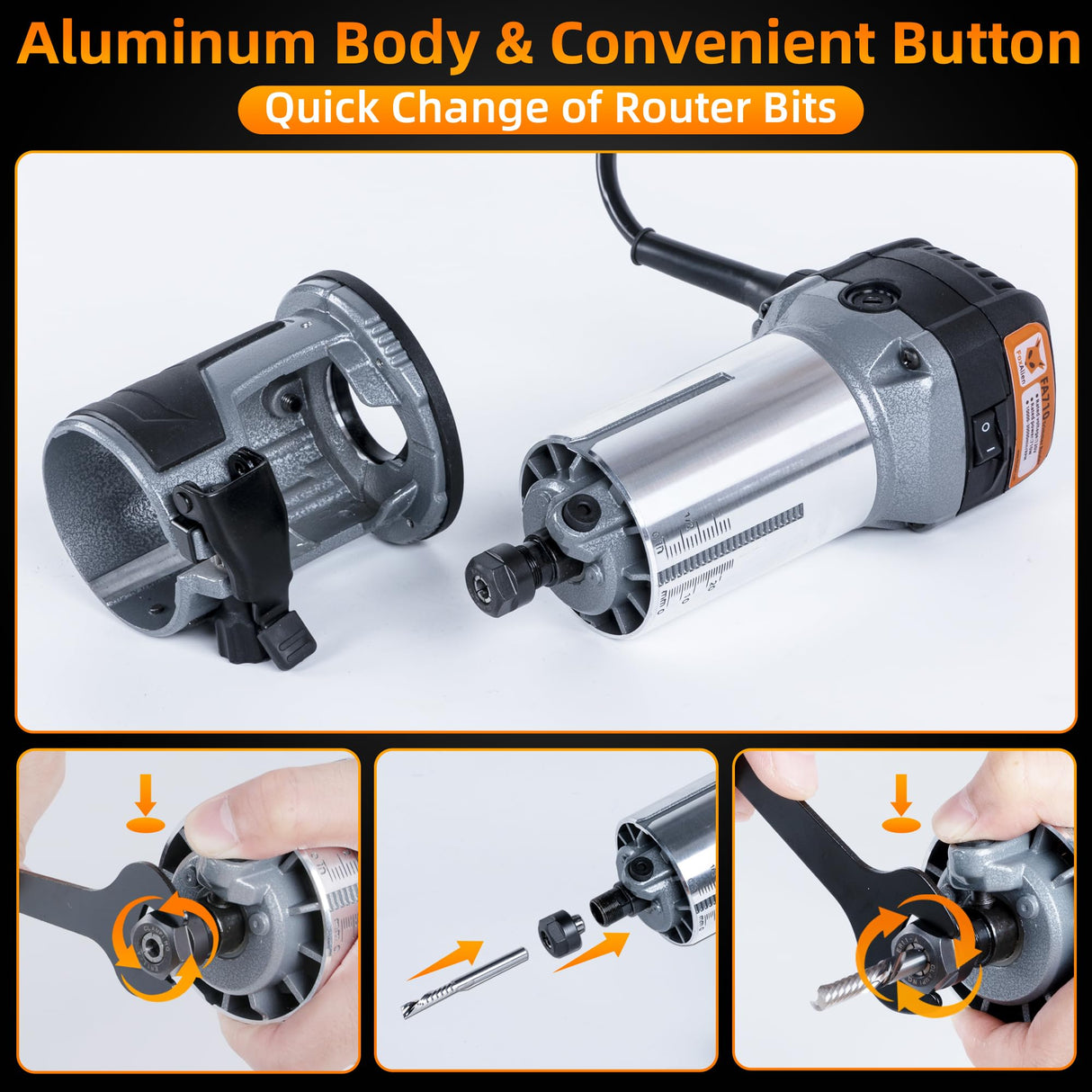 FoxAlien 1HP 710W 65mm Diameter Compact Palm Router for CNC Woodworking,6 Variable Speeds Max 30000 R/MIN Wood Trimmer with 1/4” Collect (110V) FoxAlien
