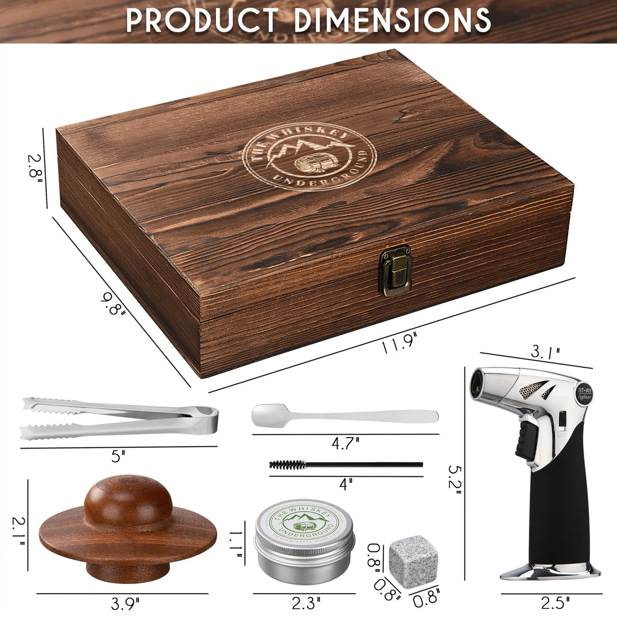 The Whiskey Underground Bourbon, Whiskey Smoker Kit - Cocktail Smoking Kit with Butane Torch, Smoke Top, Whiskey Stones - Apple, Cherry, Oak, Walnut Wood Chips - Premium Wooden Box. No Butane The Whiskey Underground