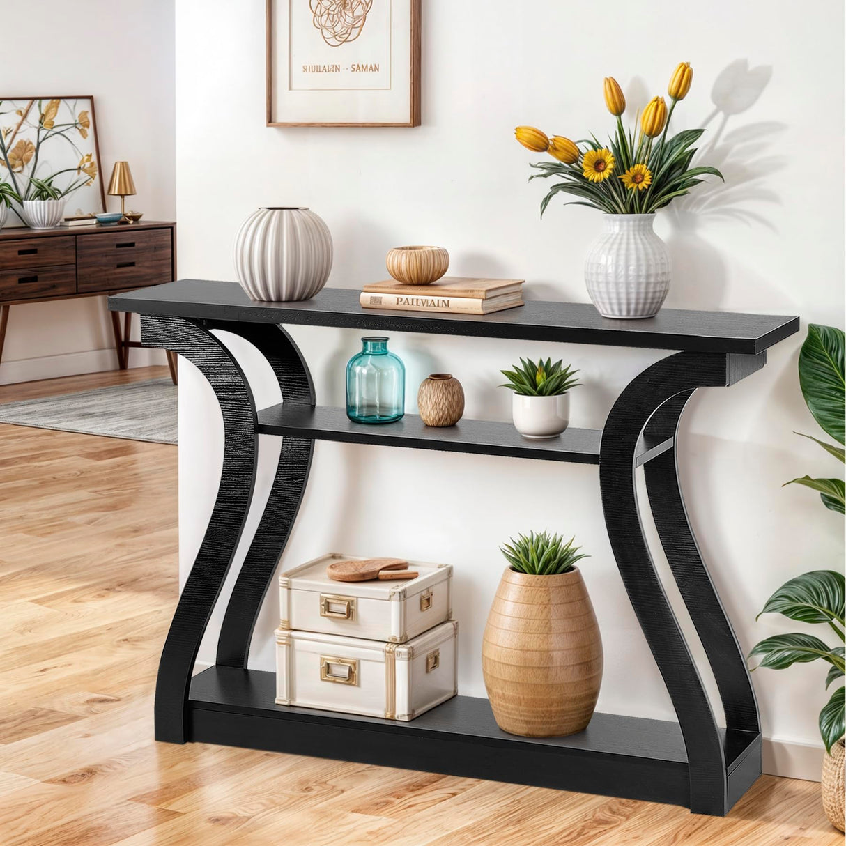 ZenStyle Wood Console Table with Curved Legs and Shelf, 3 Tier Modern Accent Sofa Table for Entrywaty, Living Room, Hallway, 47 in Wide, Easy Assembly (Black) ZenStyle