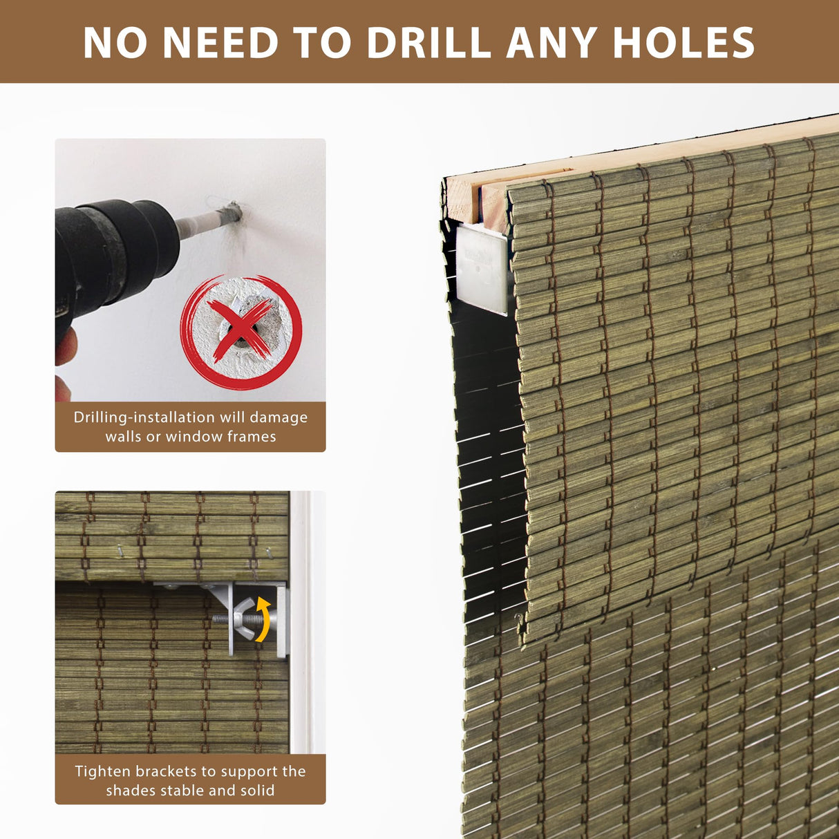 LazBlinds No Tools No Drill Cordless Bamboo Roman Shades, Privacy Window Treatment, Roll Up Bamboo Blinds for Window 31'' W x 64'' H, Driftwood LazBlinds