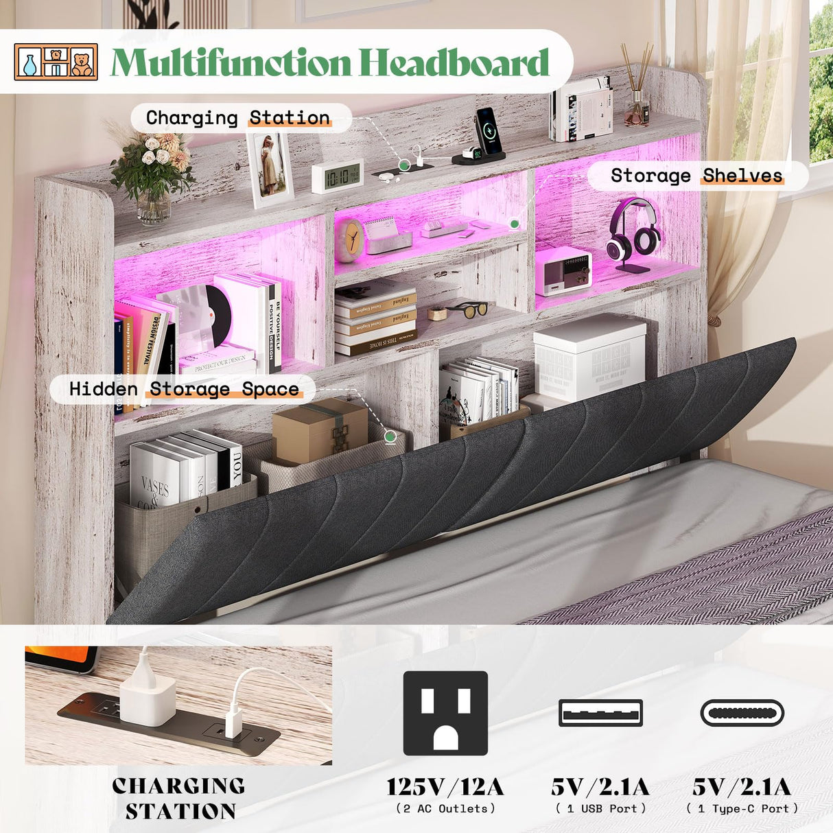 AMERLIFE King Size Bed Frame with 51.2" Tall Bookcase Headboard, Farmhouse Platform Bed with 4 Storage Drawers, Linen Upholstered, Charging Station & Storage, Rustic White AMERLIFE