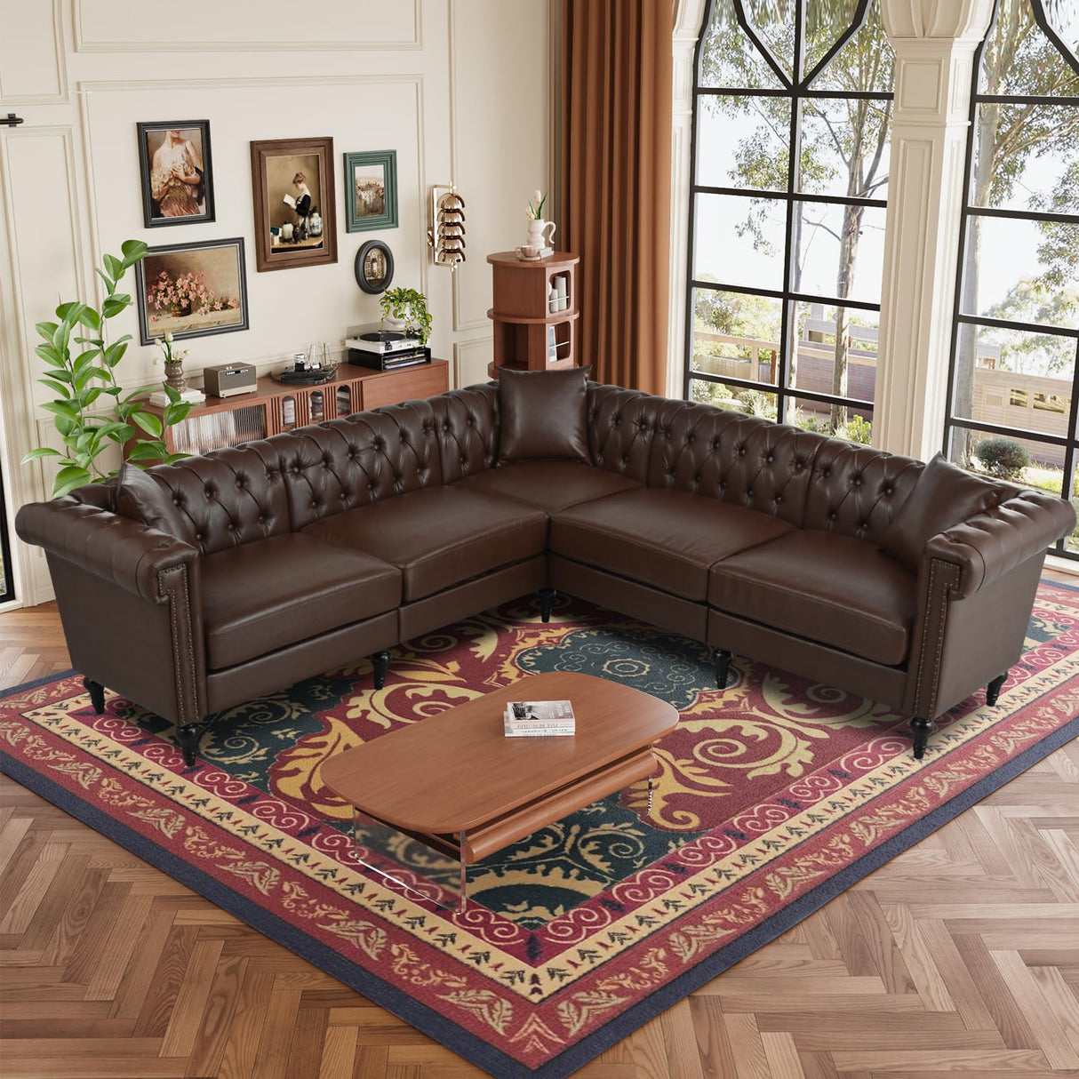 Kvutx 99.4" X 99.4" L Shaped Couch Faux Leather Sectional Couch with Three Pillows Chesterfield L Shaped Sofa 5 Seat PU Leather Sectional Couches for Living Room Brown Kvutx