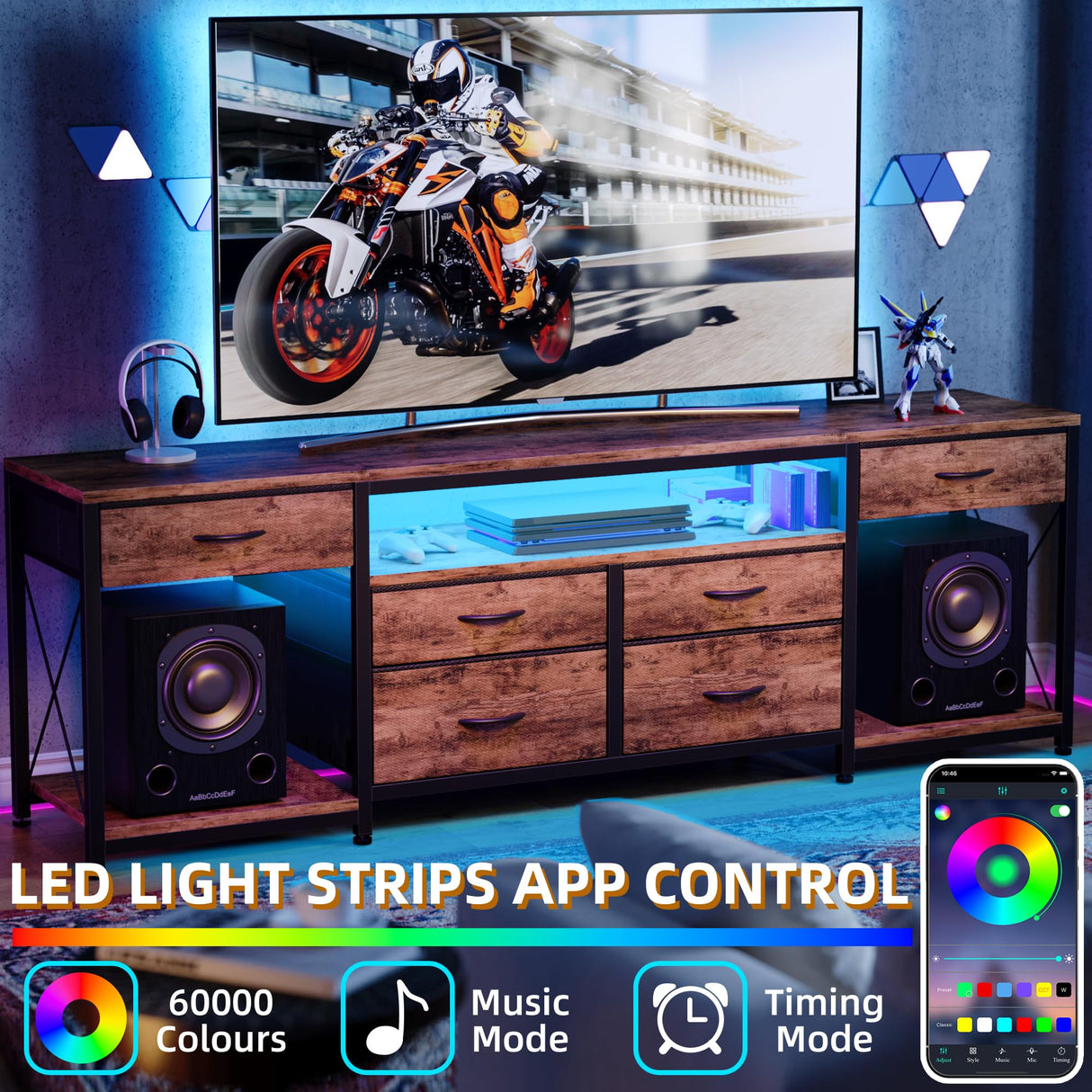 GYIIYUO LED TV Stand with 6 Fabric Drawers and Power Outlet for 65 70 75 Inch TVs, Entertainment Center with Open Storage Shelves, Dresser TV Stand for Bedroom/Living Room, Rustic Brown GYIIYUO