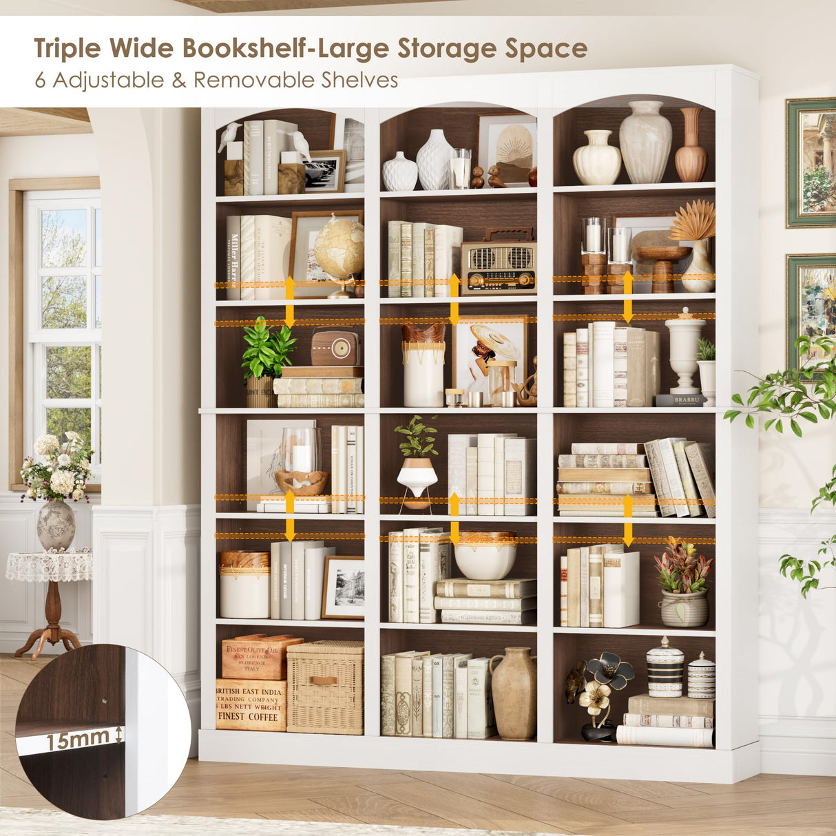 FACBOTALL 71" Triple Wide Bookshelf, 6 Tier Tall Bookshelf, Large Bookcase with Curved Baffle, 63.4" Wide Book Shelf with 18 Open Display Shelves for Living Room, Study, Walnut and White FACBOTALL