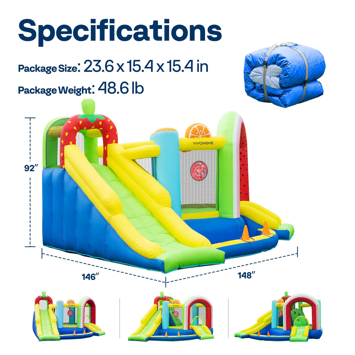 VIVOHOME 7 in 1 Bounce House for Kids, Fruit Theme Inflatable Bouncy Castle with Slide, 12x12 FT Inflated Bouncer for Outdoor with Blower, Basketball, Climb, Jump Area, Ball, Water Pool, Hoop VIVOHOME