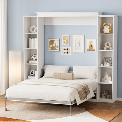 BEQAI Queen Murphy Bed with Storage Bookcase & 4 Adjustable Shelves, Foldable Space-Saving Queen Wood Wall Bedframe with Metal Legs, Hidden Bedframe for Guest Room, Study, Home Office, Bedroom, White