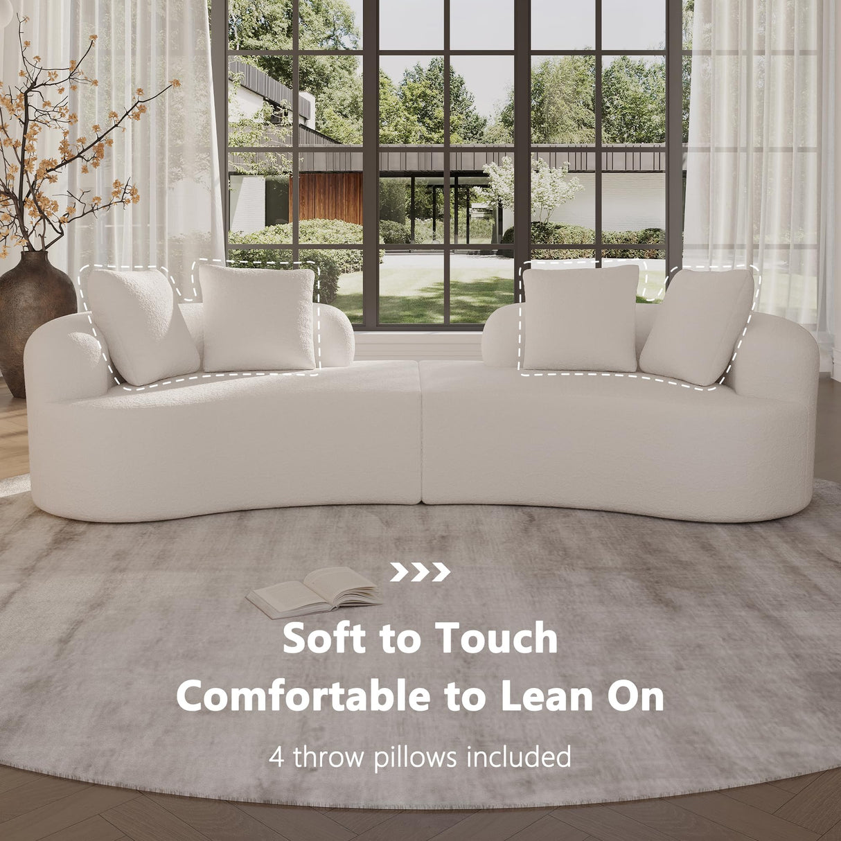 Olodumare 106.7" Modern Curved Oversized Sectional Sofa, Minimalist Modular Cloud Couch with 4 Throw Pillows, Luxury 4-Seater Extra Deep & Wide Seat Sofa in Soft Teddy Fabric, Cream White Olodumare