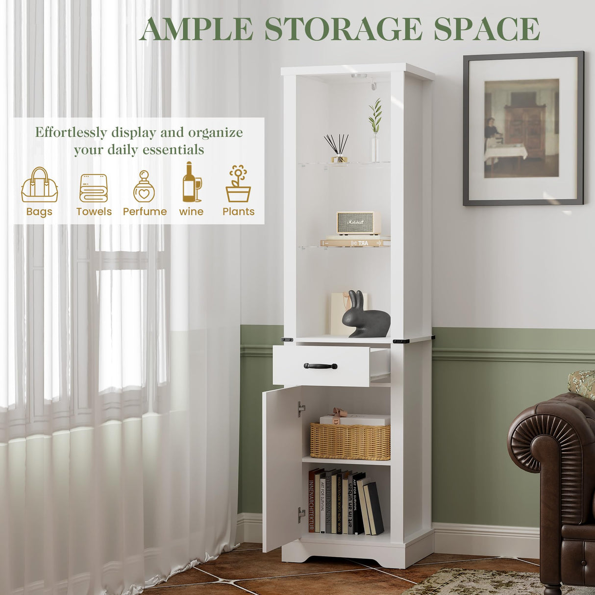 RoyalCraft 75'' Tall Storage Cabinet with LED Light, Farmhouse Pantry Cabinet with Tempered Glass Adjustable Shelves & Barn Door, Freestanding Linen Tower for Bathroom, Living Room, Kitchen, White RoyalCraft