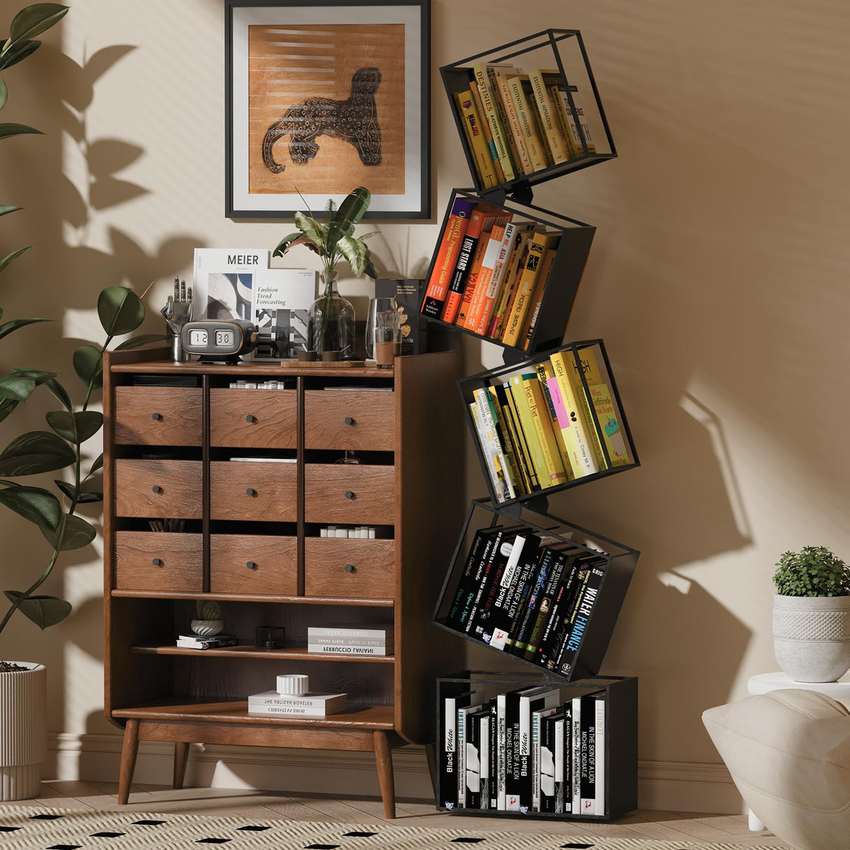 YTDnova 5-Tier Metal Bookshelf – Modern Geometric Narrow Bookcase with Matte Black Finish, Tall Storage Organizer Display Shelf for Living Room, Bedroom, Office, Small Spaces YTDnova