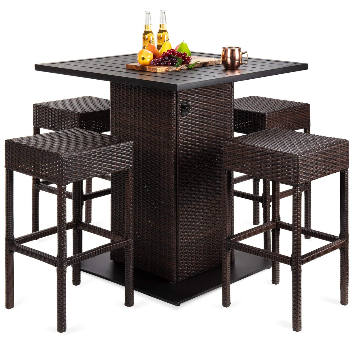 Best Choice Products 5-Piece Outdoor Wicker Bar Table Set for Patio, Poolside, Backyard w/Built-in Bottle Opener, Hidden Storage Shelf, Metal Tabletop, 4 Stools - Brown Best Choice Products