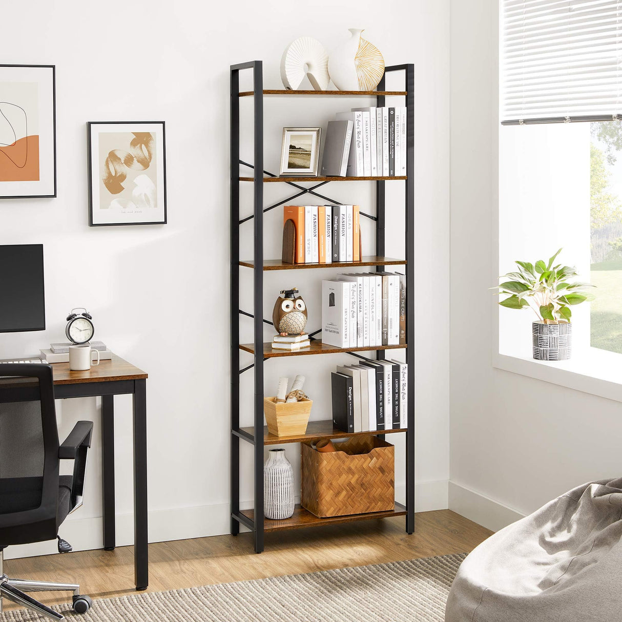 VASAGLE Industrial 6-Tier Tall Bookshelf with Steel Frame in Rustic Brown and Black VASAGLE