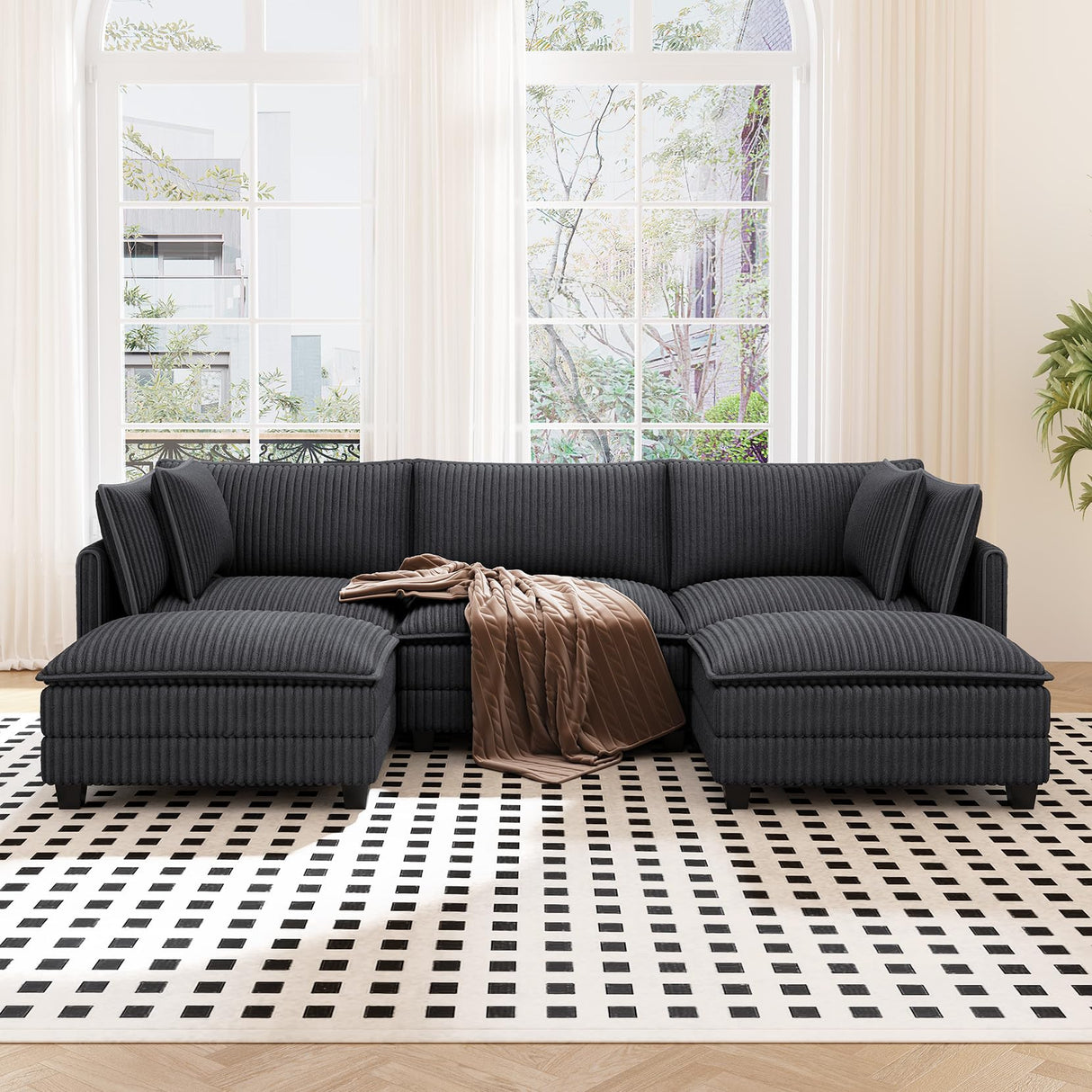 Vesgantti 109" U Shaped Cloud Sectional Sofa, Comfy Corduroy Upholstered Sectional Modular Sofas for Living Room, Modern Modular Couch with 2 Ottoman Deep Seat, Dark Grey Vesgantti