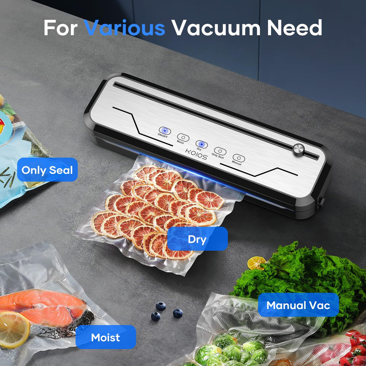 Vacuum Sealer for Food, Multi-Functional Vacuum Sealer Machine Compact Air Sealing System with Build-in Cutter, LED Indicator Dry & Moist Modes with 15 Vacuum Bags for Food Vacuum Sealing (Silver) KOIOS