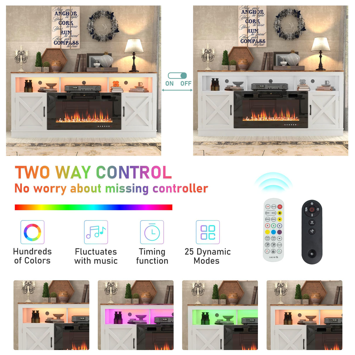 jiteentarou Farmhouse Fireplace TV Stand for 70/75/80 Inch TV, 32”Tall Entertainment Center w/ 36”Electric Fireplace & LED Light, 70”Media Console w/Barn Door Cabinet for Living Room, White jiteentarou