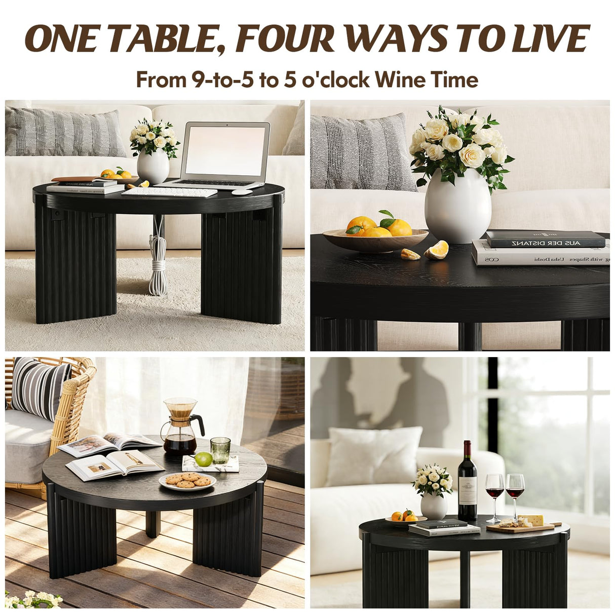 Luoxiao Black Round Coffee Table 27.5" Center Table for Living Room, Mid Century Modern Fluted Circle Table for Apartments, Small Homes, Wooden Coffee Tables with Quilted Footpads, Easy Assembly Luoxiao