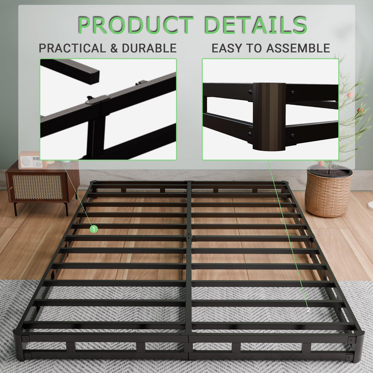 FMDMR King Box Spring 4 Inch, Low Profile King Size Box Spring Only, Heavy Duty Mattress Foundation Metal Bed Base with Fabric Cover, Easy Assembly, Non-Slip, Noise Free FMDMR