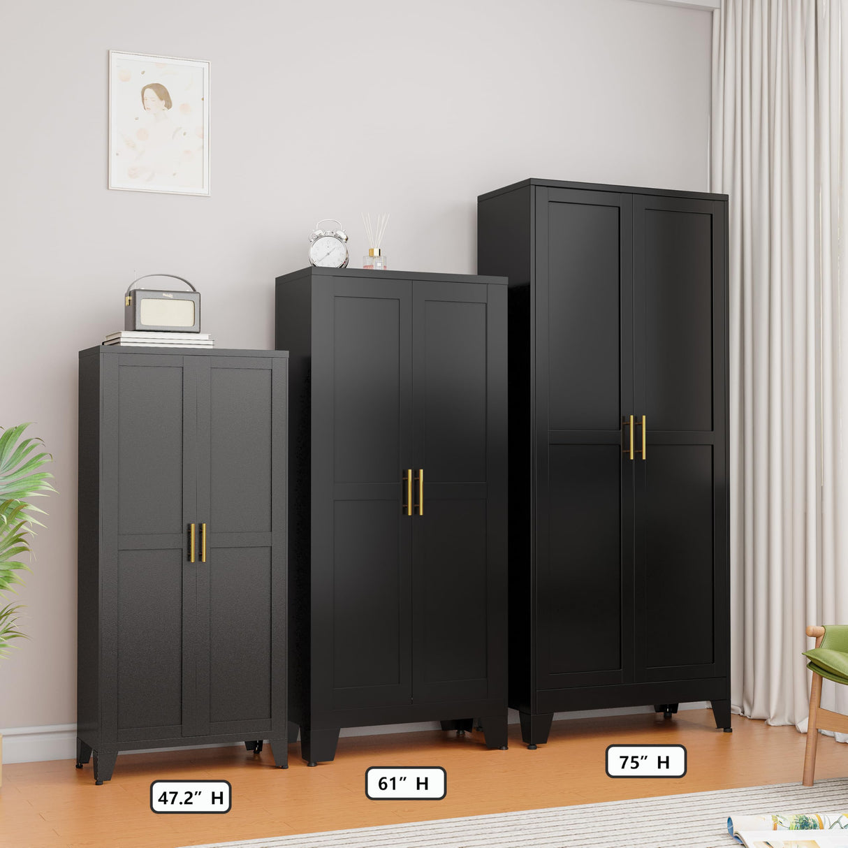 Ckzbx Black Metal Cabinets with Doors and Shelves, 61" H Storage Cabinet Pantry Cabinet Garage Cabinets for Kitchen, Living Room, Dinning Room Ckzbx