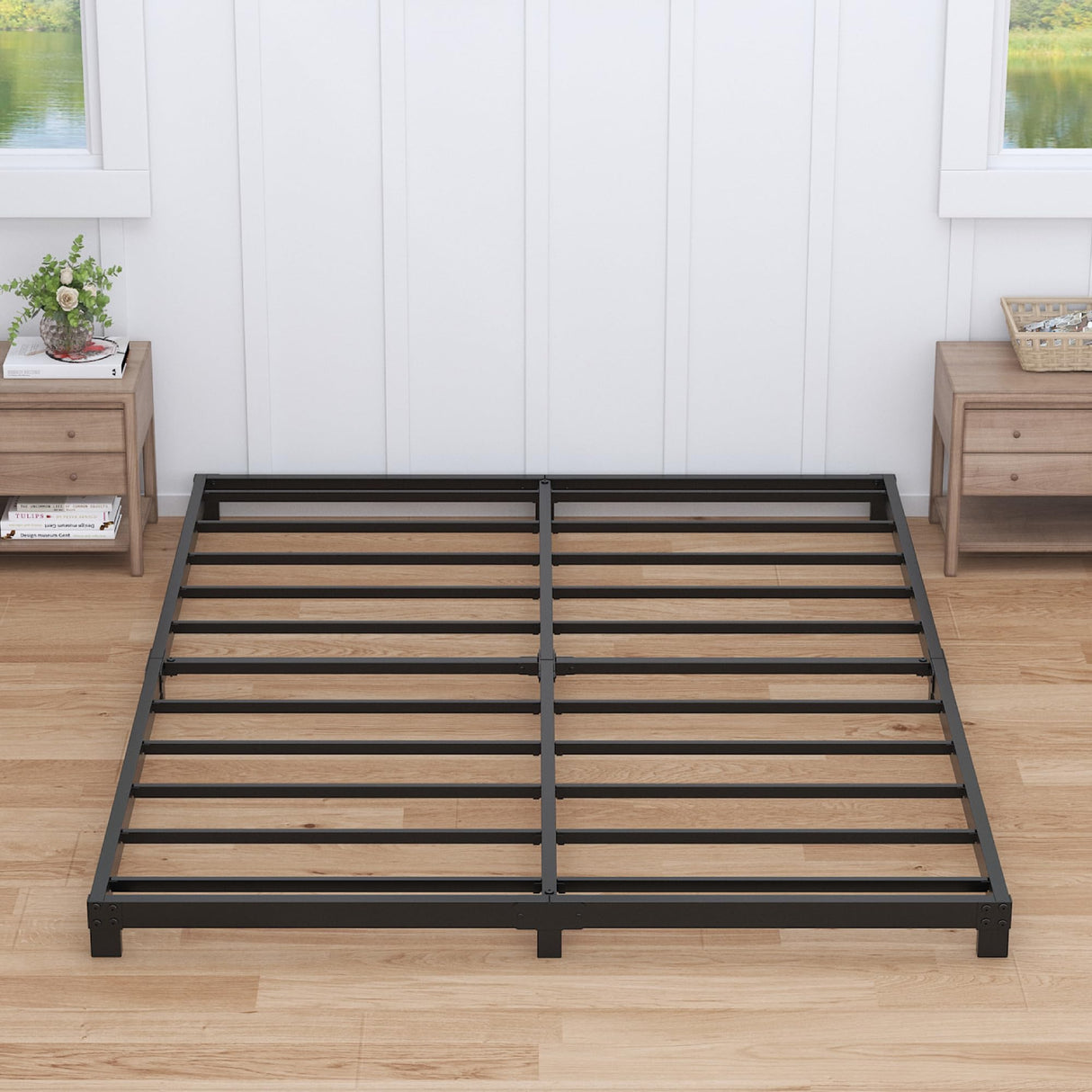 Nailsong 4 Inch Low Profile Queen Bed Frame - Heavy Duty Metal, No Box Spring Needed, Easy Assembly, Black Nailsong