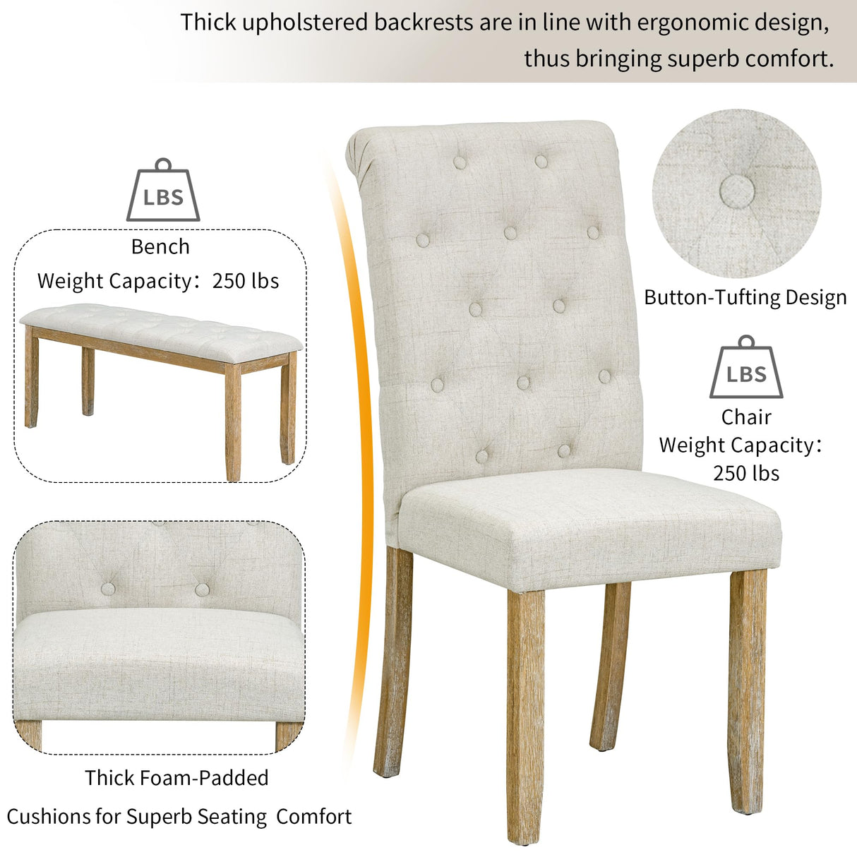 Merax 6 Pieces Wood Dining Table Set with Bench, Retro Rectangular Table with Unique Legs and 4 Upholstered Chairs & 1 Bench for Dining Room and Kitchen (Natural Wood Wash+Beige) Merax