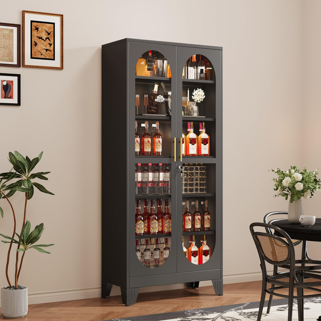 GAIOUS 74.8" Tall Metal Curio Cabinet, Display Cabinet with Glass Door, 6 Tier Liquor with 5 Adjustable Shelves, Locking Glass Display Case for Collectibles, Showcase Storage Cabinets, Black GAIOUS