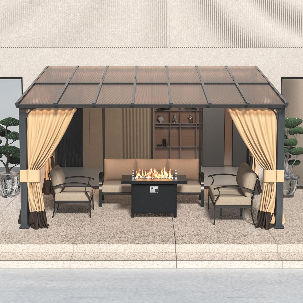 RTDTD 10' x 14' Gazebo,Hard Top Lean to Gazebo Wall Mount Heavy Hardtop Gazebo Outdoor Pergola with Curtains and Netting for Patio Garden Lawn Backyard Deck (Brown) RTDTD