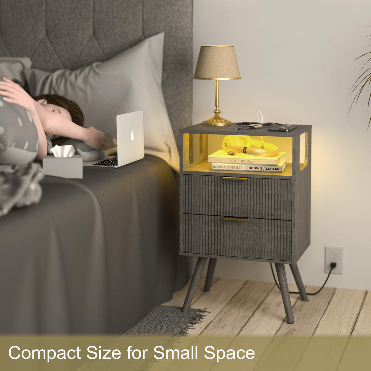 JOONEE Nightstand with Charging Station and LED Lights,Modern Bedside Table with 2 Storage Drawer and Open Wood Shelf, for Bedroom and Small Spaces,Night Stand with Solid Wood Legs,GreyOak JOONEE