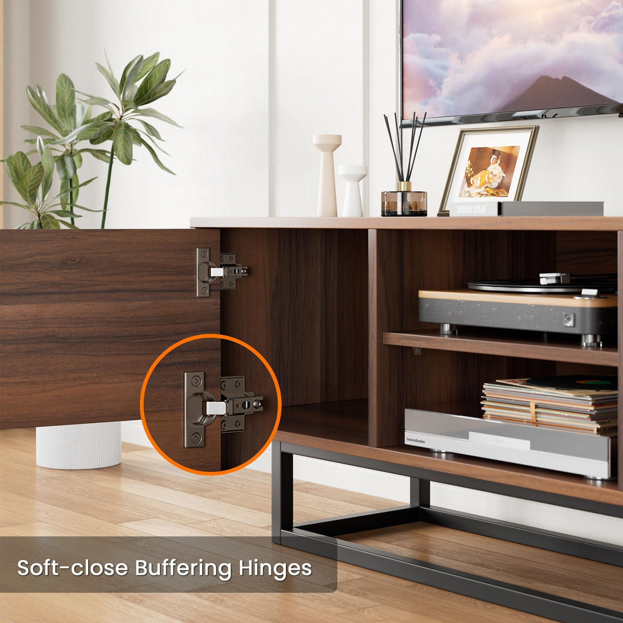 HAIOOU TV Stand for 50 55 Inch TV, Modern TV Console Small Entertainment Center with Sturdy Metal Base, Push-to-Open Doors and Soft-Close Hinges for Living Room, Bedroom - Walnut Brown HAIOOU