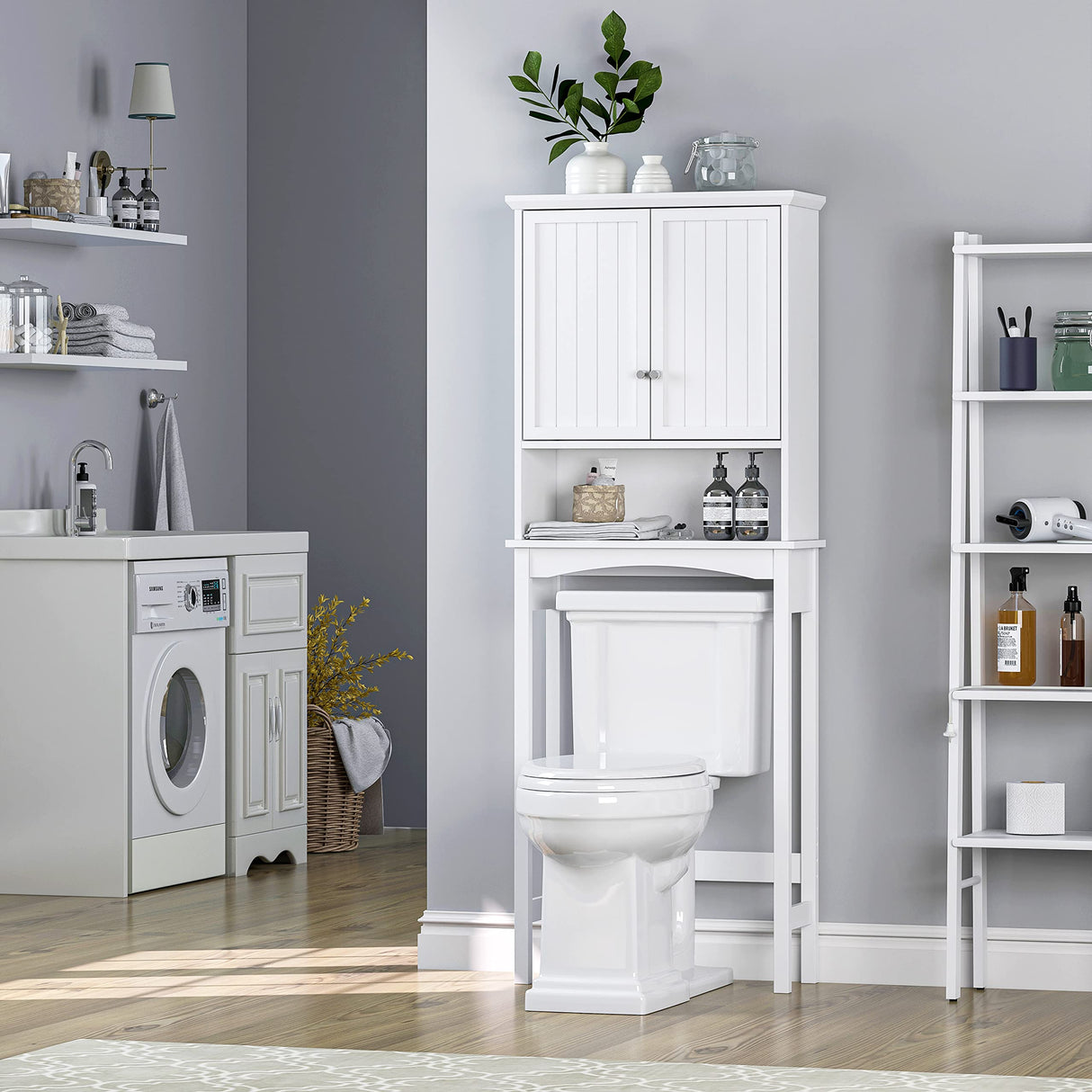 UTEX Over The Toilet Storage Cabinet, Bathroom Above Toilet Cabinet Organizer with Adjustable Shelves, White UTEX