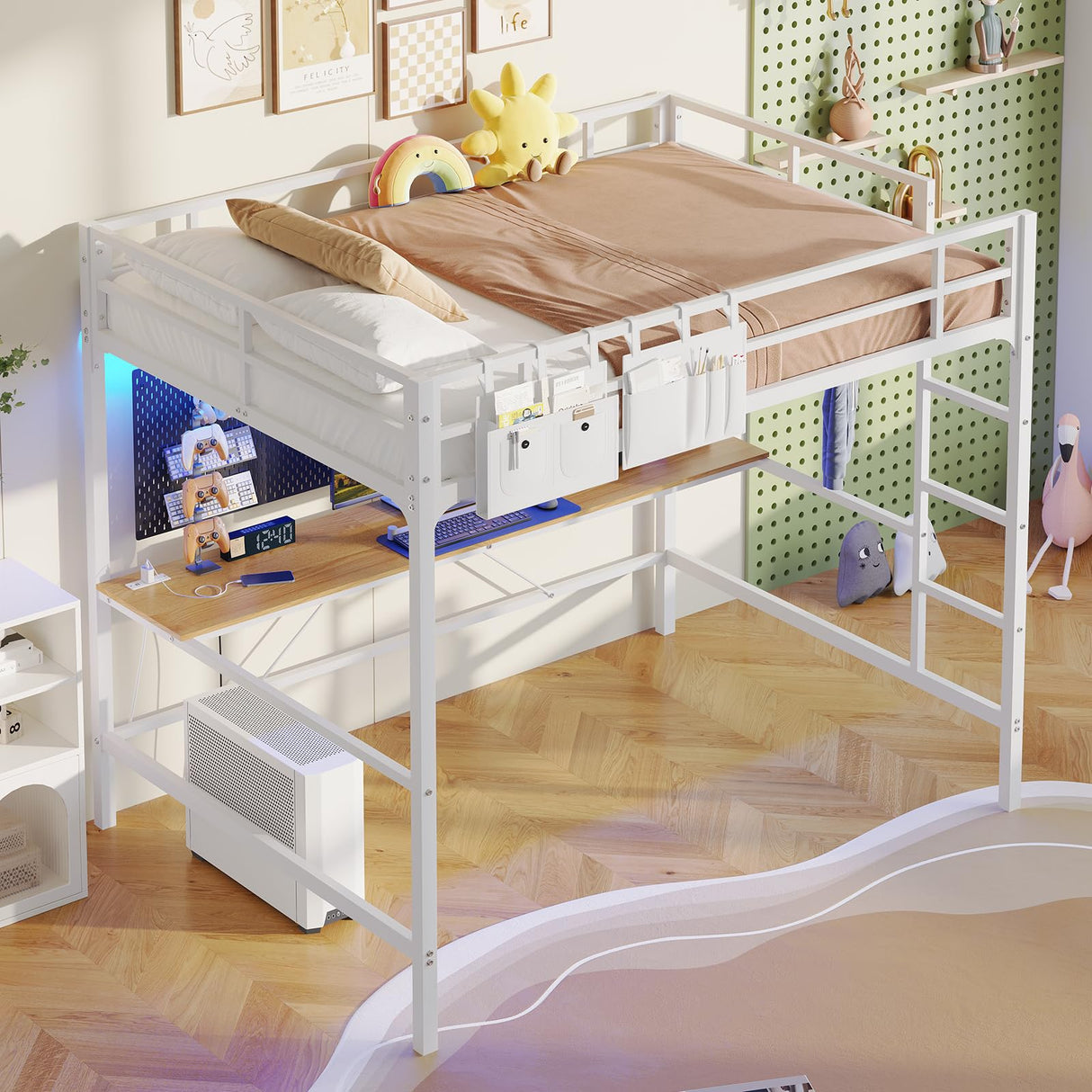 Hasuit Full Size Metal Loft Bed with Desk, LED Lights & Charging Station - Sturdy Space-Saving Bed Frame, Loft Bed Full Size Includes Safety Guard Rail & Ladder, No Box Spring Needed, Durable, White Hasuit