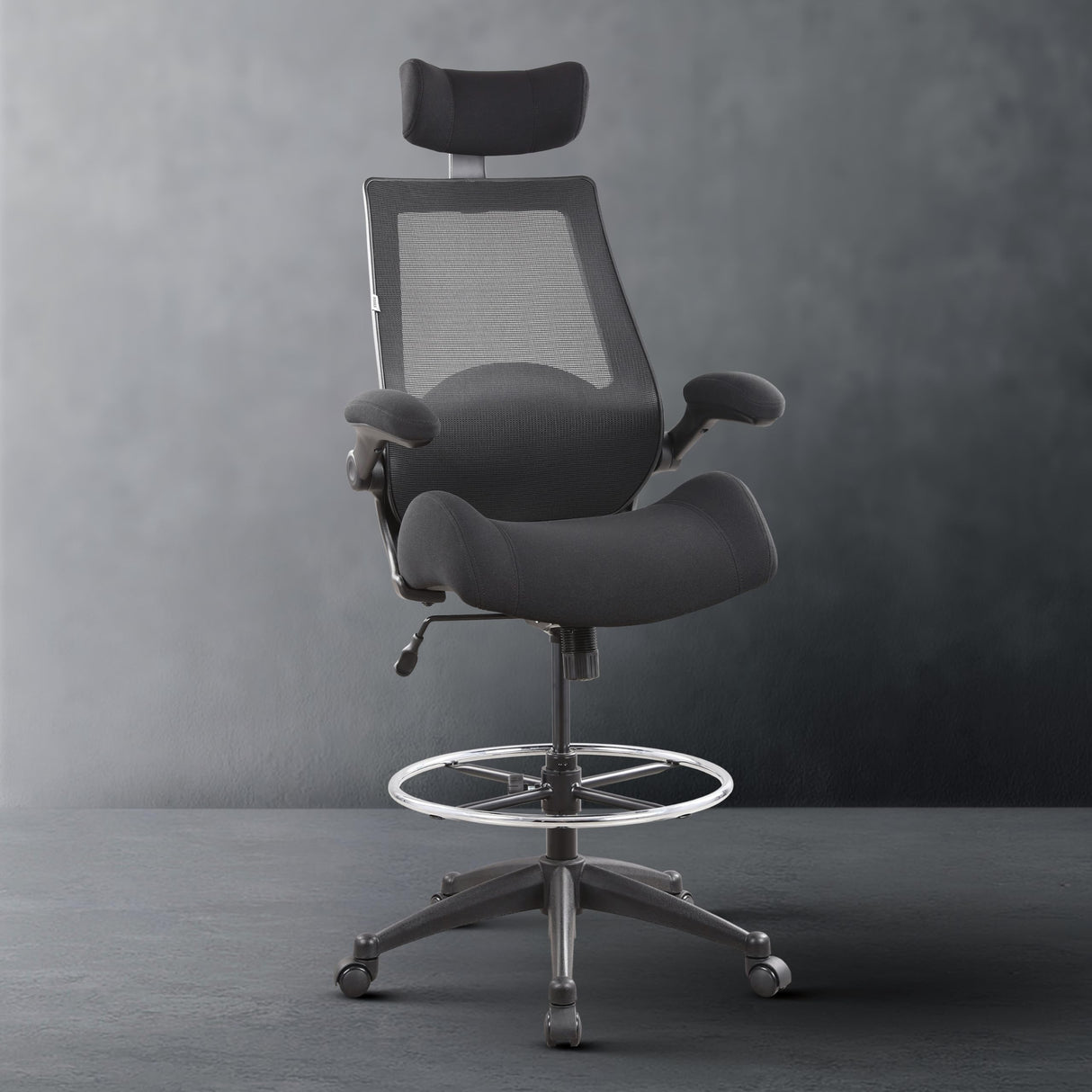 BOLISS Drafting Chair Tall Office Chair with Flip-up Armrests Executive Ergonomic Computer Standing Desk Chair with Lumbar Support and Adjustable Big Footrest Ring (Black) BOLISS