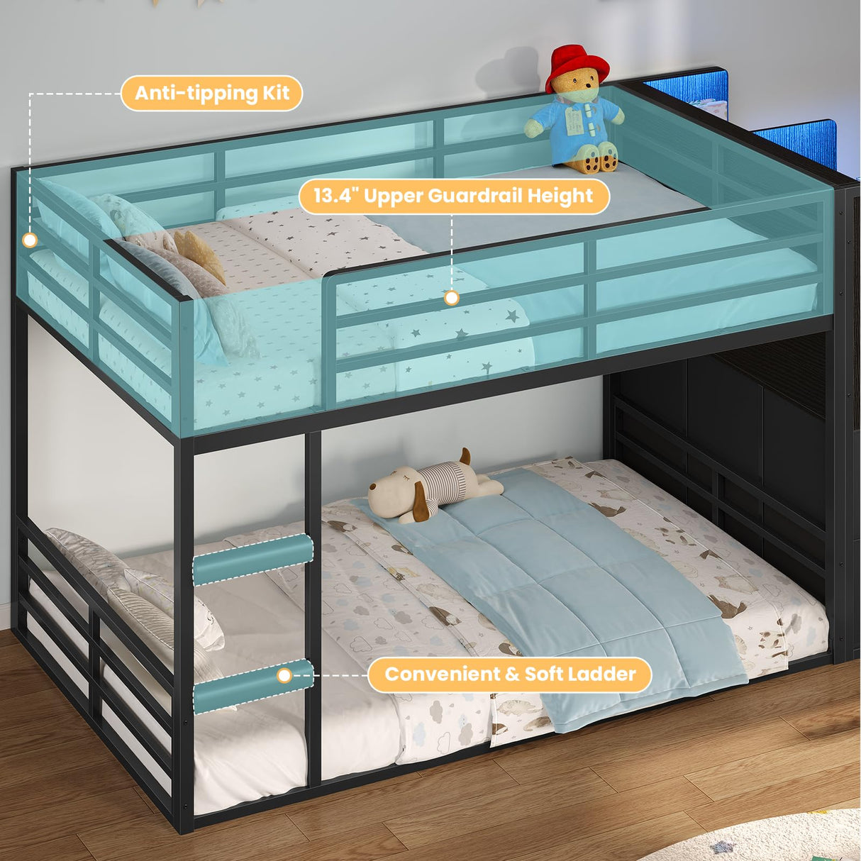 BTHFST Twin Over Twin Bunk Bed with Storage Drawers & Open Storage Shleves with LED Lights, Metal Black Low Bunk Bed Safety Ladder and 13.4" H Guardrail, Space Saving BTHFST