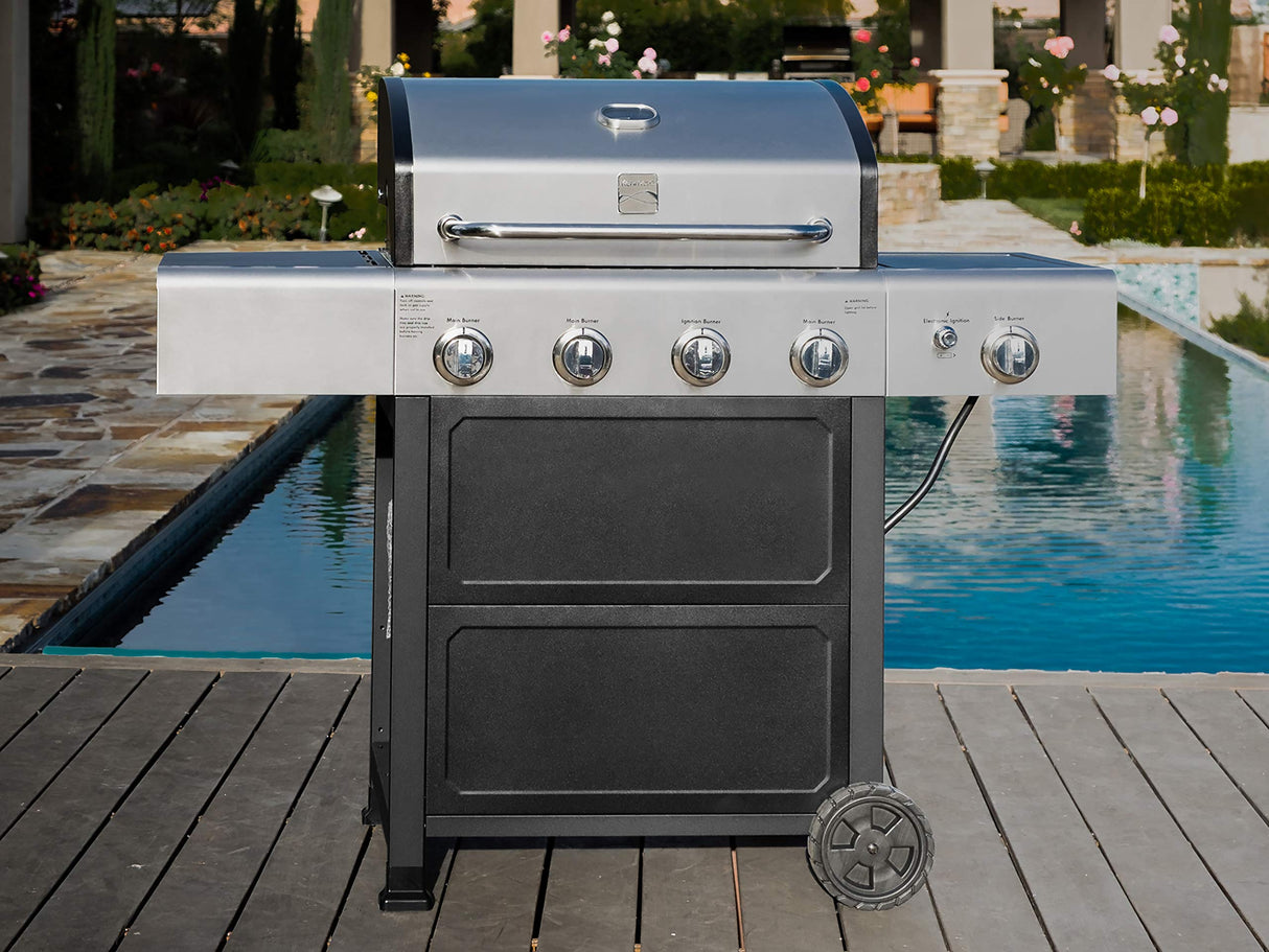 Kenmore 4-Burner BBQ Gas Grill with Side Burner, 53,000 BTUs, Cast Iron Grates, Electronic Ignition, Warming Rack, Open Cart Design, All-Terrain Wheels, Stainless Steel/Black Kenmore