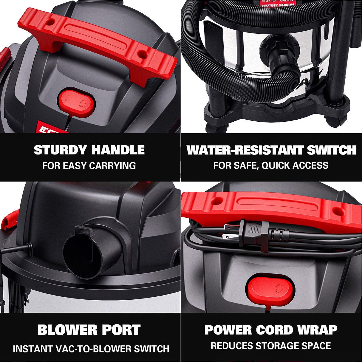 ECOMAX Wet Dry Vac 5 Gallon, 4 Peak HP, Portable Stainless Steel Shop Vacuum Wet/Dry with Powerful Suction-85 CFM, 3-in-1 Wet/Dry/Blow, Shop Vacuum for Home, Workshop, Jobsite, EM18115 ECOMAX