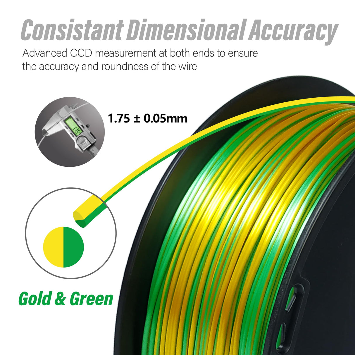 COLORFUL Silk PLA Filament 1.75mm 3D Printer Filament, Dual Color Filament, Shiny Filament 1kg Spool(2.2lbs), Silk 3D Printing Filament, Gold Green colorful