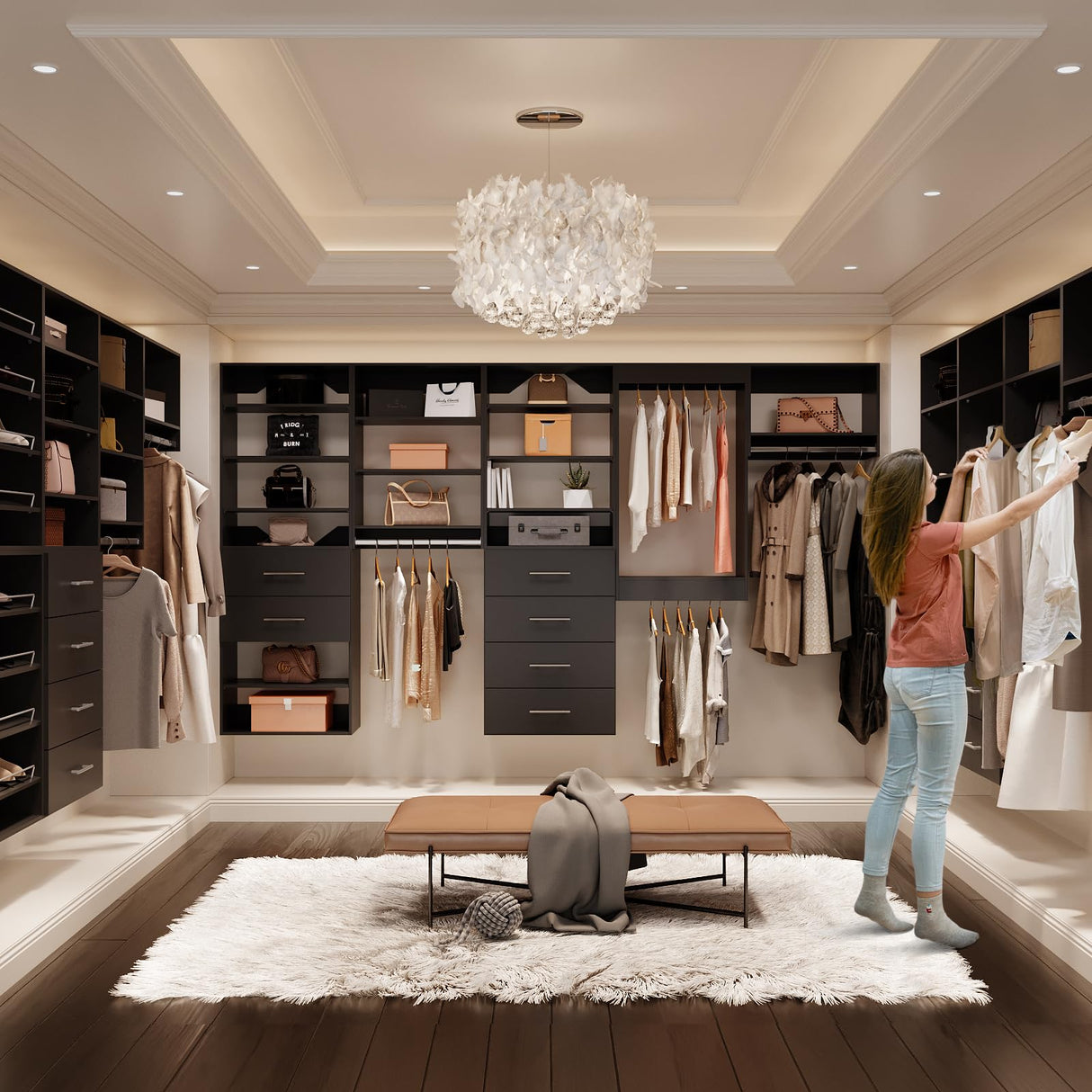 ROOMTEC Modular Closet System, 78" Wall-Mounted Closet Organizer with Drawers and Hanging Rods, Wooden Tower for Walk-In Closets, Wardrobe Storage Kit, Black ROOMTEC